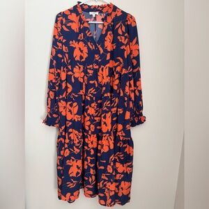 Umgee Floral Tiered Babydoll Dress Navy Orange Boho Long Sleeve Size Medium